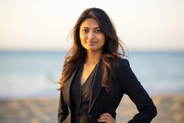 Fototapeta na wymiar Group portrait of an Indian woman in her 30s wearing a sleek suit in a beach 