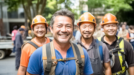 A group of happy asian workers laughing on building site. Engineering, construction site and team outdoor for building project, planning and architecture. 

