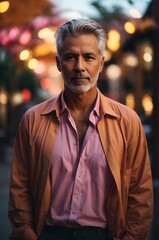 Fototapeta premium A mature man wearing a pink shirt with grey hair