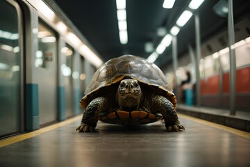 A tortoise crawling on the ground in a subway station