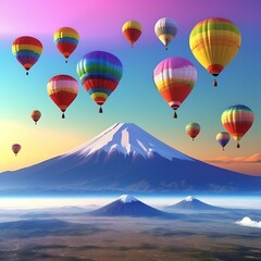 Fototapeta na wymiar montgolfières, au dessus de la region du mont fuji, japon, incrit au patrimoine mondial de l'UNESCO, generative ai