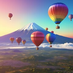 montgolfières, au dessus de la region du mont fuji, japon, incrit au patrimoine mondial de l'UNESCO, generative ai - obrazy, fototapety, plakaty