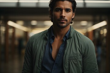 Fototapeta premium A man in a green jacket standing in a hallway