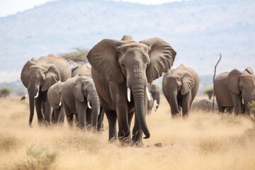 A majestic herd of elephants crossing a golden savannah