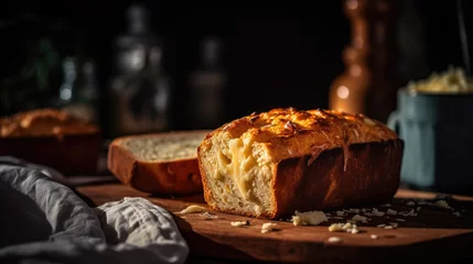 Papier Peint photo autocollant Pain Cottage cheese bread. Trendy curd cheese baking, homemade loaf bread cheese and parmesan, high protein, healthy and keto diet food, non-sweet breakfast baking.