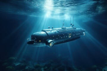 Small submarine under water with sun rays and beautiful seascape - obrazy, fototapety, plakaty