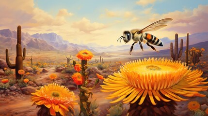 Fototapeta na wymiar a painting of a bee flying over a desert with flowers. generative ai