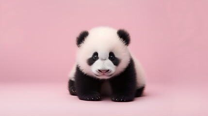  A little baby panda, studio shot, isolated on pink 
