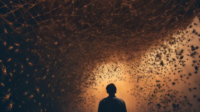 A guy with arachnophobia finds himself in a space full of spiders and webs, controlling light and silhouette
