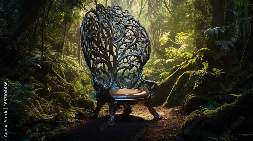 Poster a bench in the middle of a forest with a light shining on it. generative ai