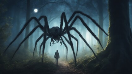 Silhouette of a man with arachnophobia in the night forest with a large spider monster looming overhead