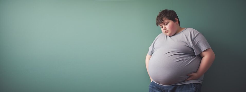 overweight young boy holding his stomach, on green background, obesity concept
