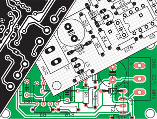 Vector printed circuit board of an electronic 
device with components of radio elements, 
conductors and contact pads placed on it. 
Engineering drawing with grid. Electric background.