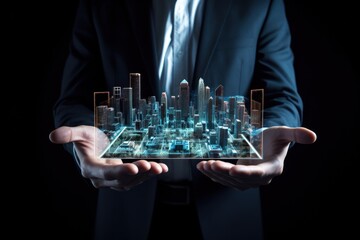 A man with suite holding an abstract cityscape in his hands, on dark background