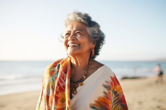 Portrait of happy senior woman smiling at camera while standing on beach