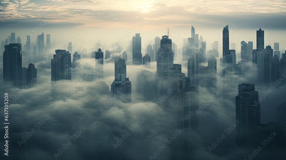Poster a view of a city in the middle of the clouds. generative ai