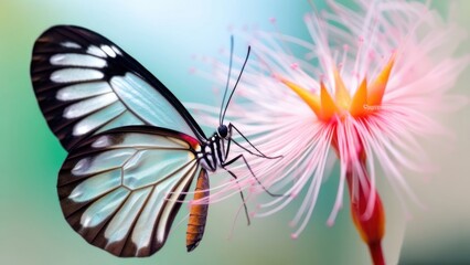 macro Photo of Goliath Birdwing Butterfly on single pastel flower