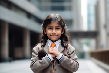 Fototapeta premium Portrait of a cute little girl in a coat and orange tie