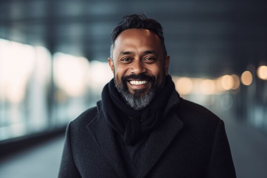 Portrait of a smiling bearded Indian man in a black coat.