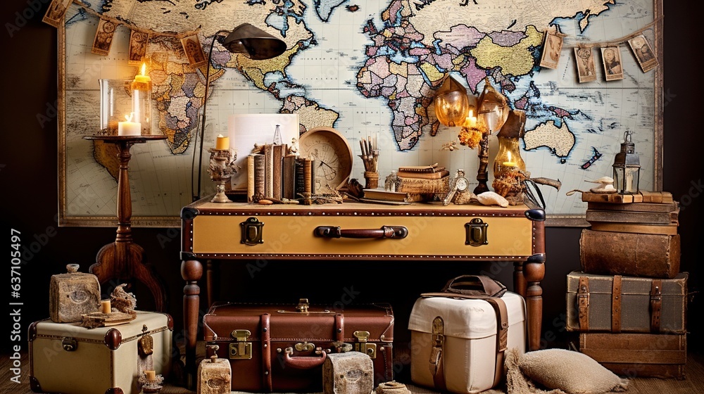 Poster a map of the world is on the wall above a table with suitcases. generative ai