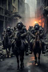 Gorilla soldiers riding on horseback in a post-apocalyptic city