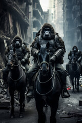 Fototapeta na wymiar Gorilla soldiers riding on horseback in a post-apocalyptic city