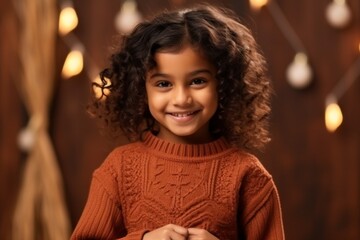 Portrait of a smiling little girl with curly hair in a sweater