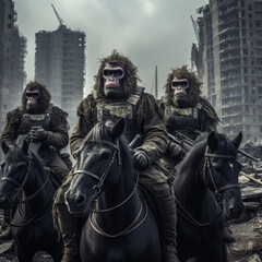 Fototapeta premium Gorilla soldiers riding on horseback in a post-apocalyptic city