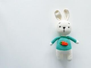 Soft white crochet bunny. on a white background.