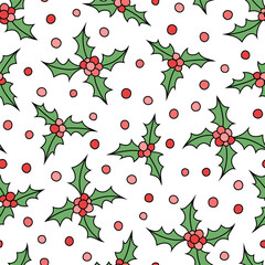 Vector seamless pattern with holly. Cute Christmas design for wrapping paper, textile, wallpaper and backgrounds.