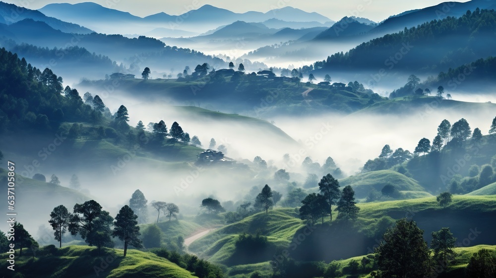 Poster a view of a mountain range covered in fog and mist. generative ai
