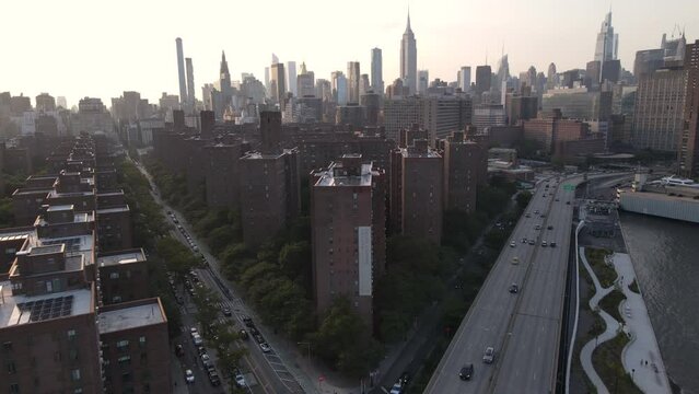 Aerial shot - New York City - Sunset - FDR Drive