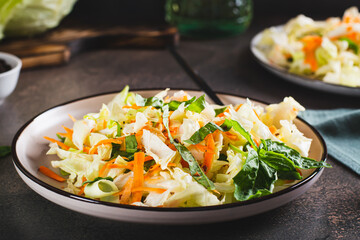 Traditional cole slaw salad of cabbage, carrots and greens on a plate