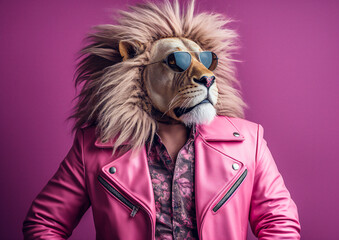 Rock 'n' Roar: A Majestic Lion Dons a Pink Leather Jacket and Sunglasses