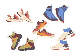 Isolated set of athletic sneakers shoe pair fitness sport footwear collection vector illustration