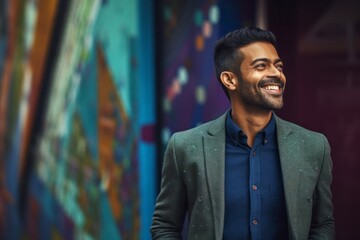 Portrait of a handsome young Indian man smiling in an urban environment