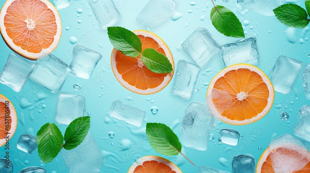 Poster a group of orange slices and mints on ice cubes. generative ai