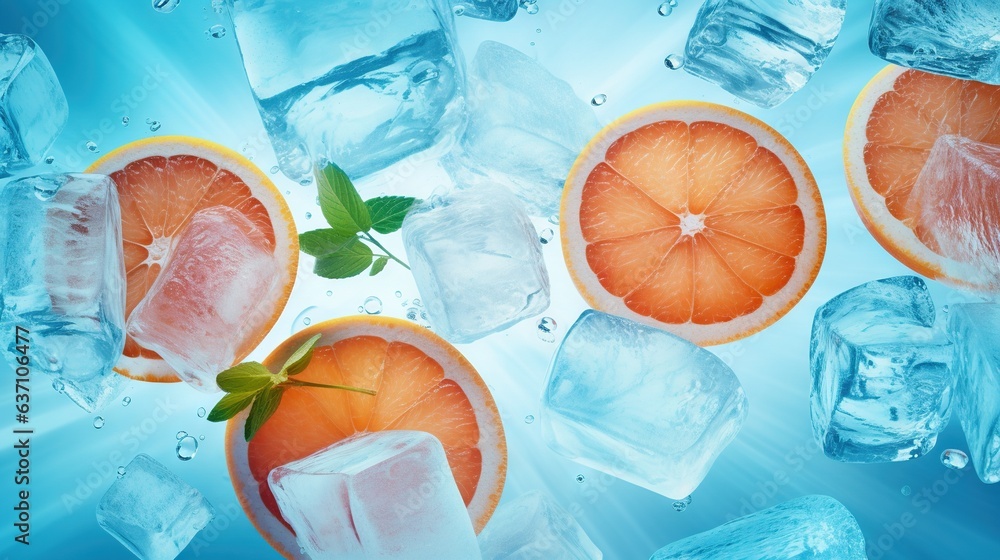 Poster a group of oranges with ice cubes around them. generative ai