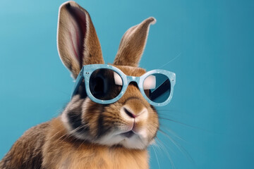 Cool rabbit posing in sunglasses against a yellow background, perfect for summer fashion. AI Generative.