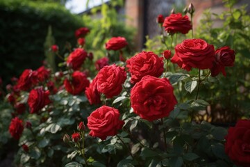 A vibrant garden filled with blooming red roses