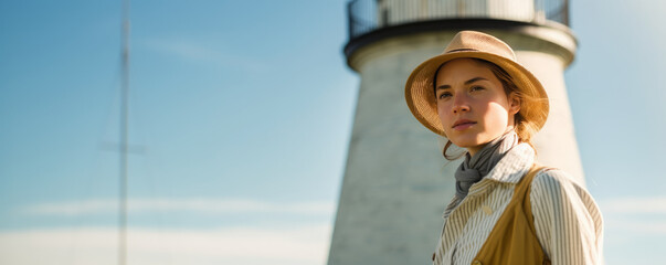 Enthralling young female lighthouse keeper in nautical attire, positioned sideways against a blurred maritime backdrop featuring an old lighthouse and vast ocean.