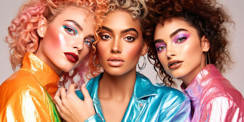 Naklejka premium Celebratory trio of fashion influencers joyfully applying vibrant, rainbow-colored makeup, embodying LGBTQ+ pride amidst contemporary beauty trends on a sleek mirror background.
