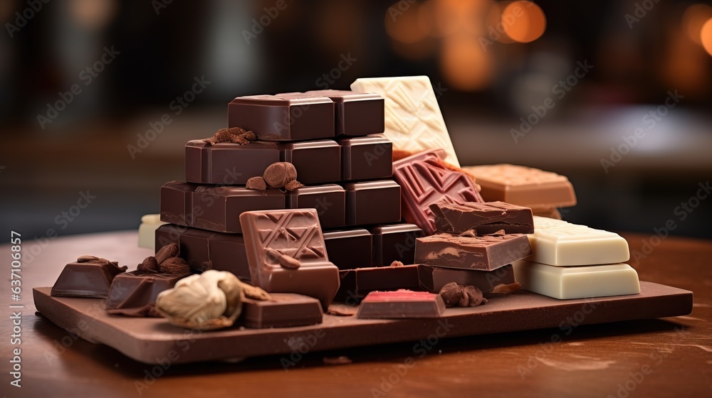 Poster a tray of chocolates on a table with a candle in the background. generative ai