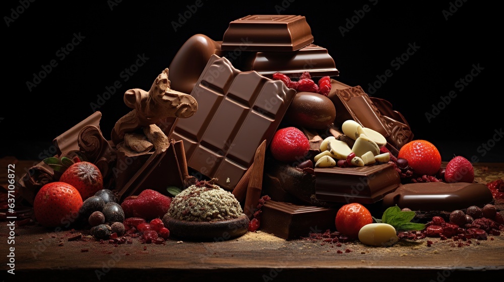 Poster a pile of assorted chocolates and fruit on a table. generative ai