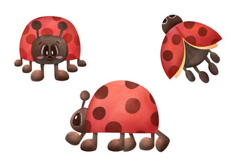 hand drawn clipart Set of watercolor cute cartoon ladybugs. illustration isolated on transparent background. painted art collection for wallpaper, scrapbooking, summer design, textiles