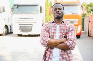 portrait African male happy Smiling confident positive near lorry. Young Man plaid shirt owner Truck Driver In Business Long transport thumbs up satisfied service commercial driving license training