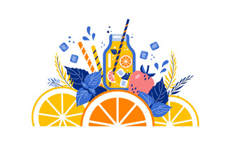 Citrus lemonade in glass jar with fruits, ice and ingredients. Lemon, strawberry, mint, ice cubes composition. Summer refreshment and drink. Vector illustration.