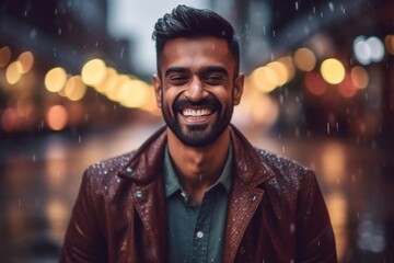 Portrait of a happy young bearded Indian man in a brown jacket standing in the rain.