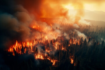 A large-scale forest fire, top view. The forest is burning. Ecological disaster, natural cataclysm