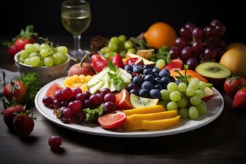 A delicious fruit platter accompanied by a glass of fine wine